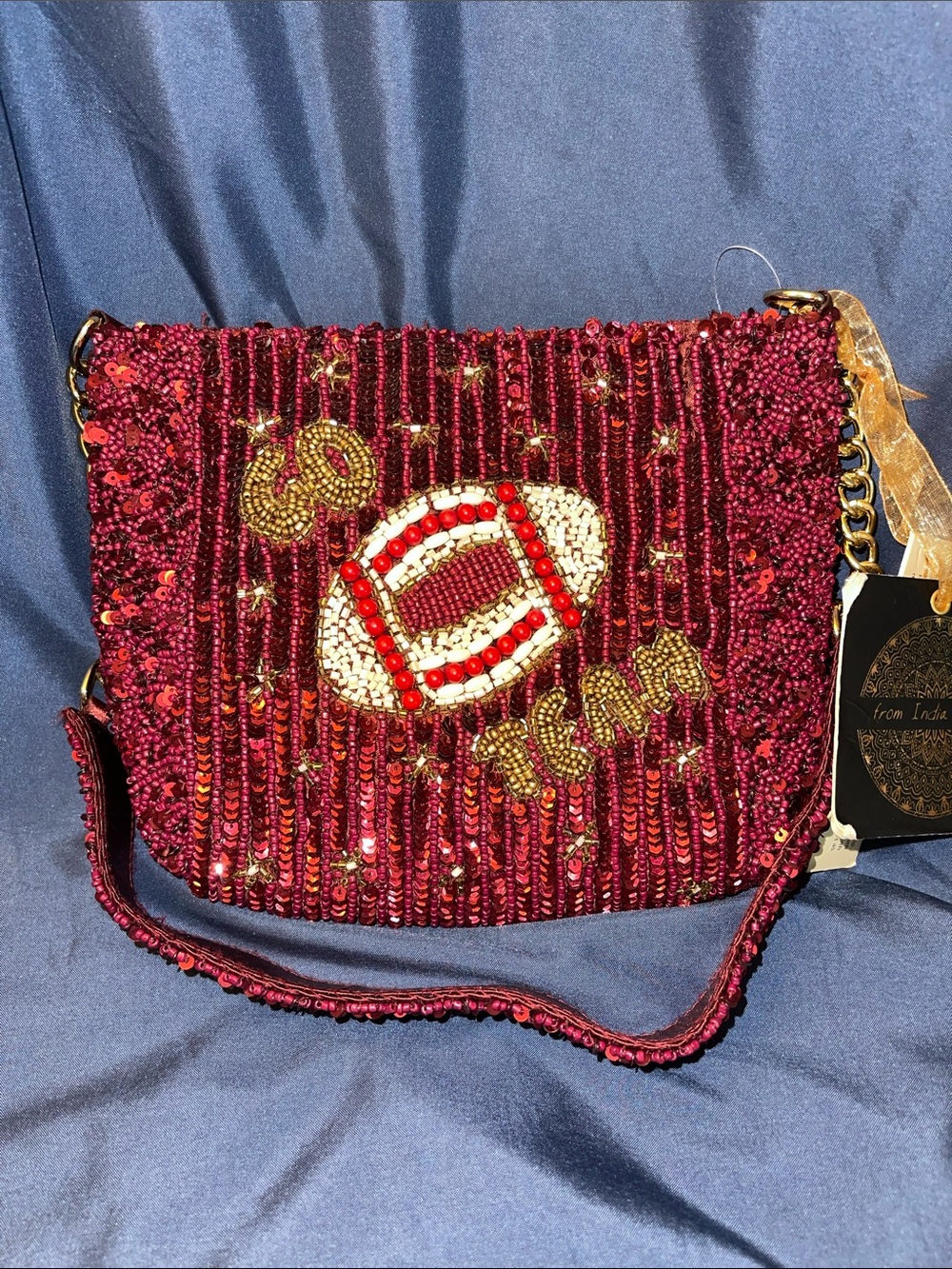 Beaded Burgundy Football Motif Crossbody Clutch